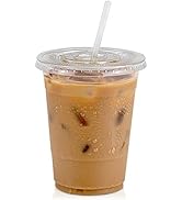 [50 Pack] 16 oz BPA Free Clear Plastic Cups With Flat Slotted Lids for Iced Cold Drinks Coffee Te...