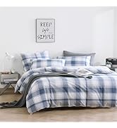LEMIROE Neutral 100% Cotton Duvet Cover King Size 3PC - Classic Tartan Plaid Pattern with Denim B...