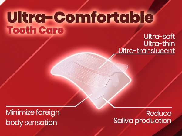 Text reads 'Ultra-Comfortable' and 'Tooth Care'. Red background product advertisement showing stylized white tooth or dental-related graphics.