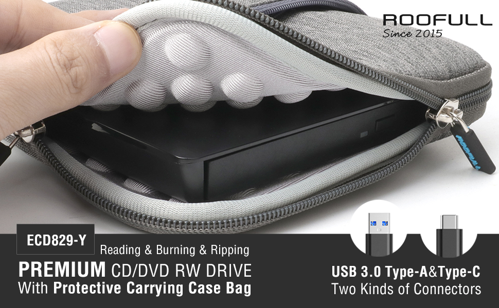 ROOFULL USB 3.0 USB-C External CD DVD RW Drive Burner with Gray Protective Carrying Case