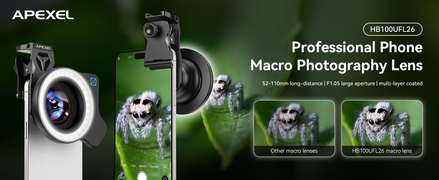 HB100UFL26 Professional Macro Lens for Smartphone with Ring Light