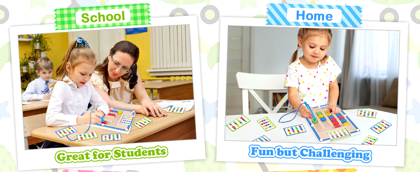 Split image of educational activity. Left panel shows adults and children using materials at school. Right panel shows a child using similar materials at home.