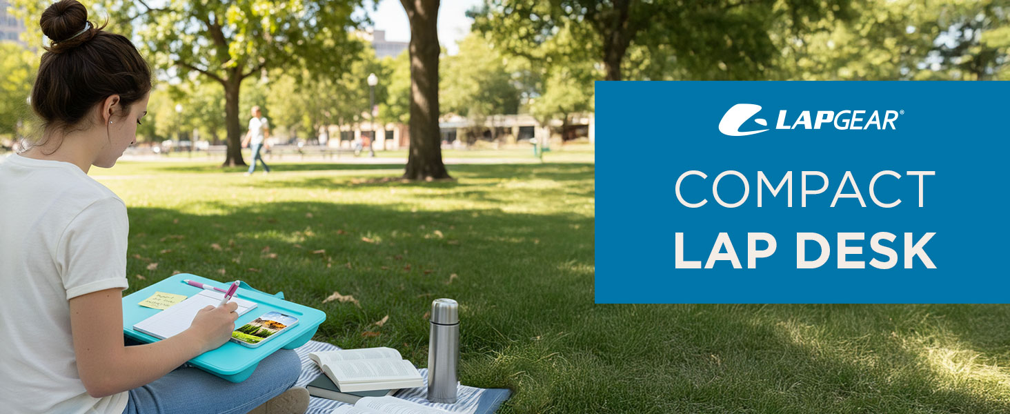 student using a compact lap desk in the park