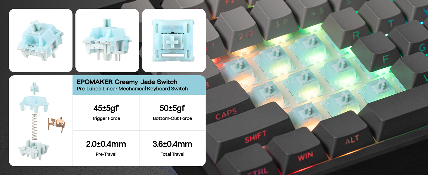 Technical diagram showing LED light specifications with measurements 250x4mm and 560x4mm, followed by illuminated keyboard keys demonstrating RGB lighting effects.