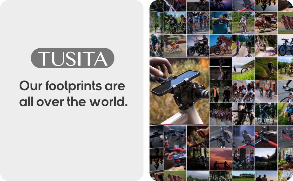 Photo collage showing outdoor adventure activities and landscapes, with Tusita brand logo and slogan 'Our footprints are all over the world.'