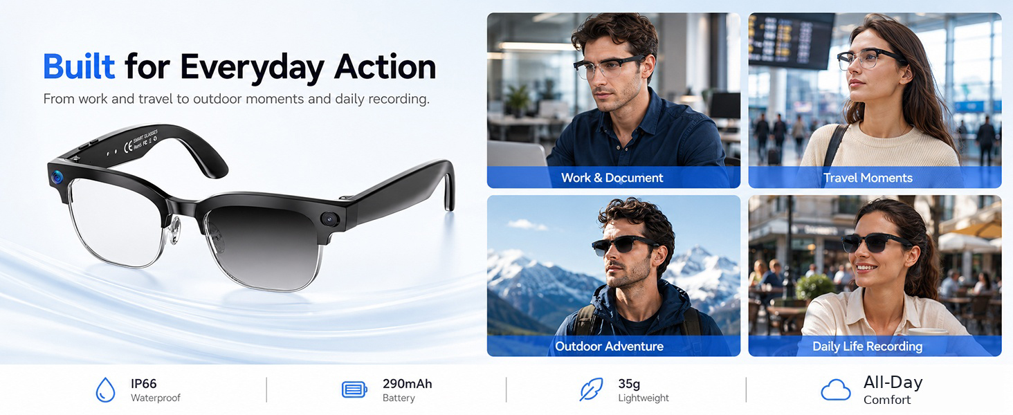 Smart camera glasses for work, travel, outdoor adventure, daily recording, 35g comfort and battery.