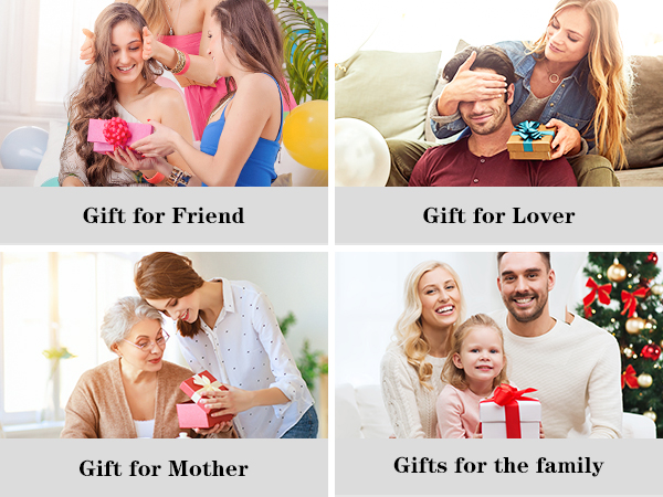 Four-panel gift guide showing different gift-giving scenarios labeled for friends, lovers, mothers, and families