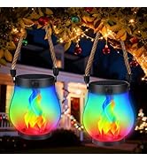 Jyoiat Christmas Solar Flame Lanterns Hanging Outdoor Waterproof - 2 Pack Flame Lanterns with Dua...