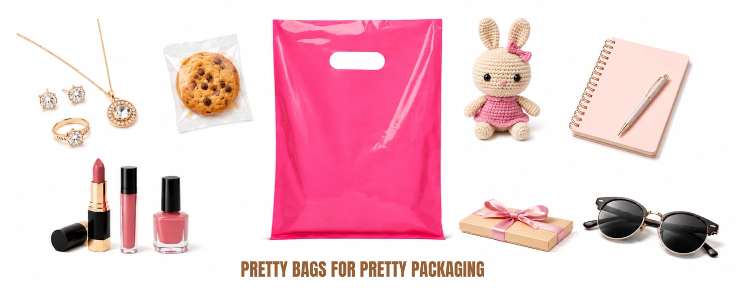 Pink gift bags for jewelry, cosmetics, treats, stationery, and small gifts.