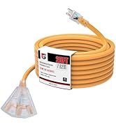 EP 25 Ft 14/3 SJEOW Heavy Duty Outdoor Extension Cord, Yellow 3-Outlet Power Cable with LED Light...