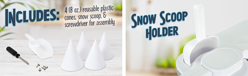 Includes 4 resusable plastic cones, snow scoop and screwdriver for assembly