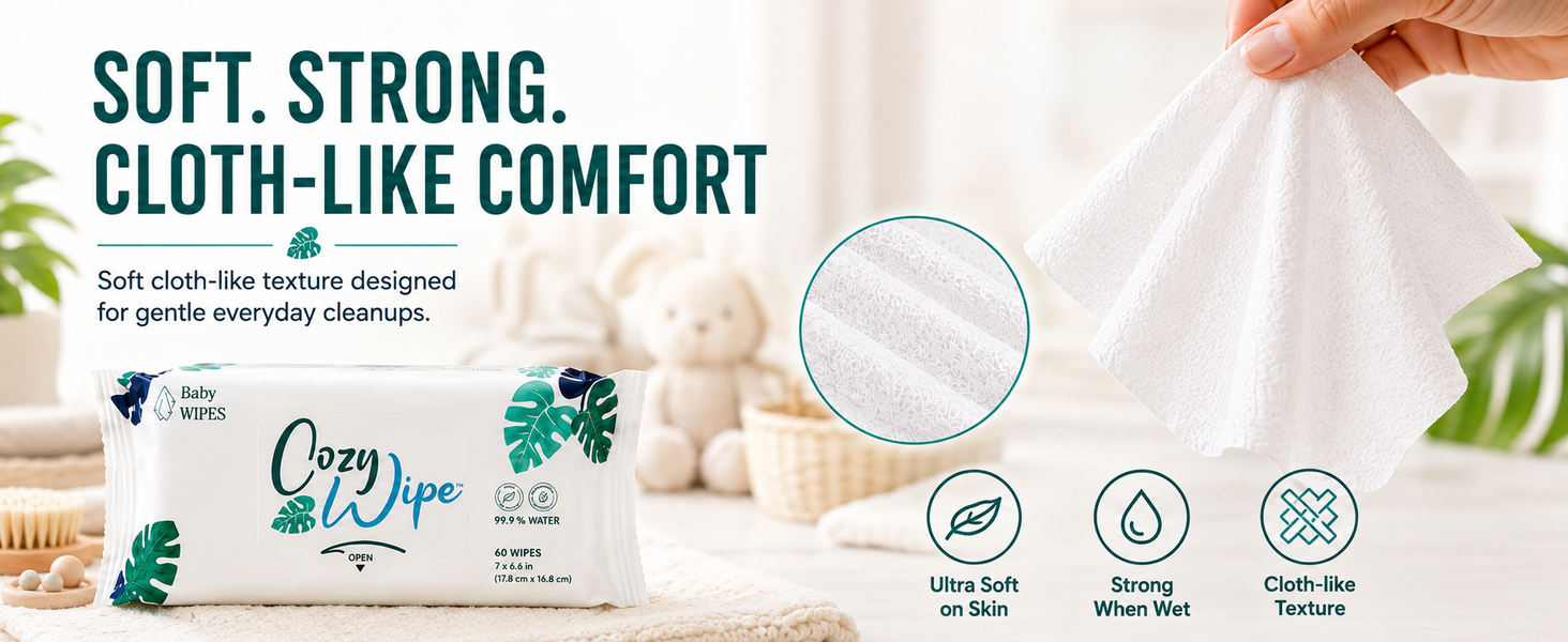 Cozy Wipe cloth-like baby wipe texture made with 100% plant-based fibers.