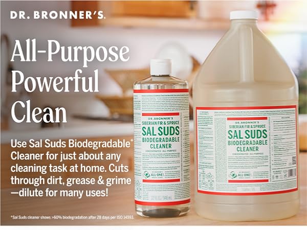 Dr. Bronners Sal Suds biodegradable cleaner, cuts through dirt, grease, grime. Dilute for many uses