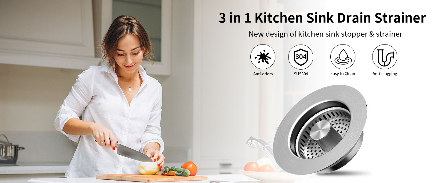 3 in 1 Kitchen Sink Drain Strainer Stopper Stainless Steel Drainage Odor Filter Sink Plug