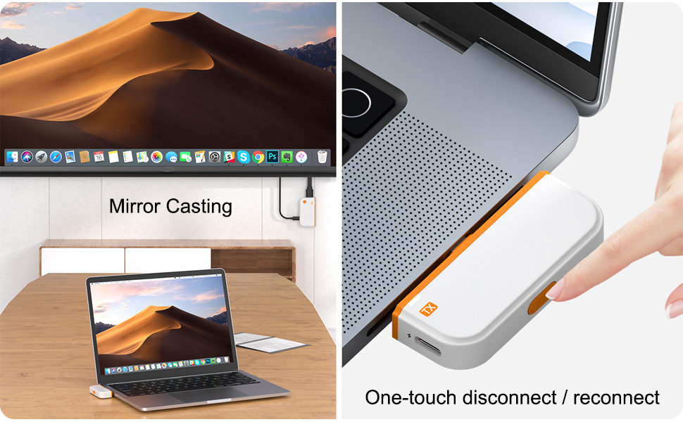 Text reads 'Mirror Casting' and 'One-touch disconnect/reconnect'. Product demonstration showing wireless screen mirroring between laptop and external display.