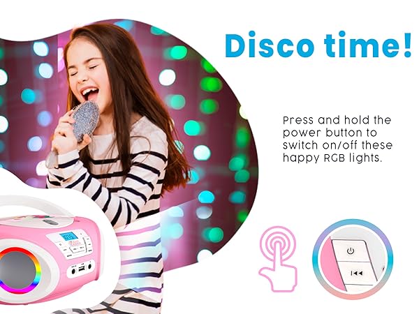 Text reads 'Disco time!' and 'Press and hold the choice button'. Product demonstration showing RGB lights with interface controls and button instructions.