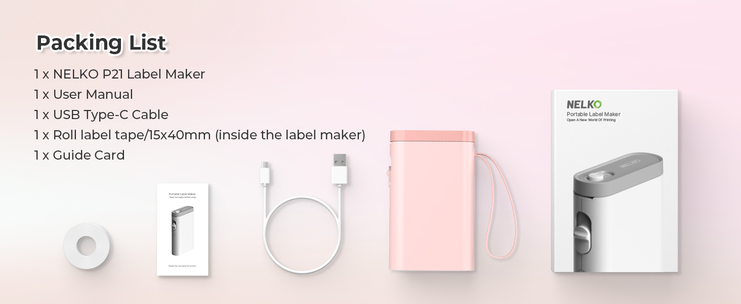 Packing list for NELIKO P2 Label Maker, showing USB cable, roll tape, user manual, and guide card arranged on pink background with product box.