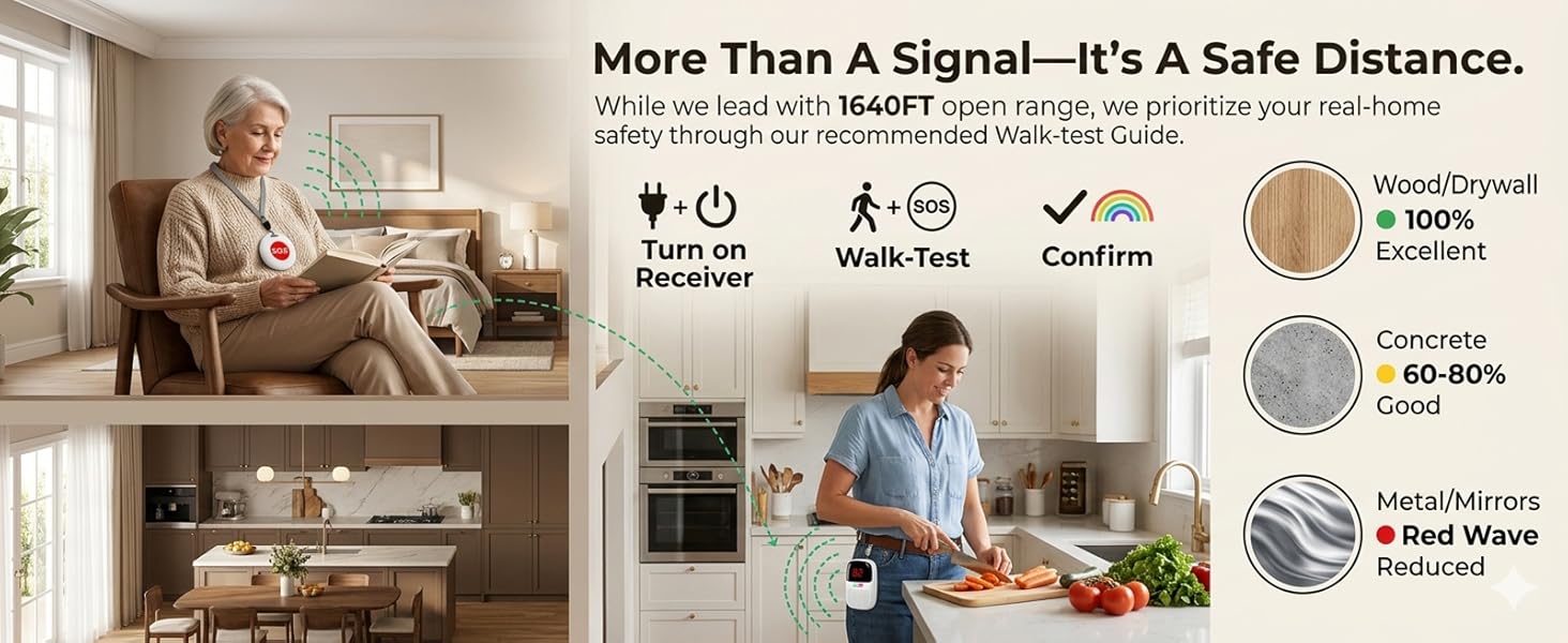 PILSAMAS wireless emergency alert for seniors: 1640ft range, 3-step safety walk-test for home.