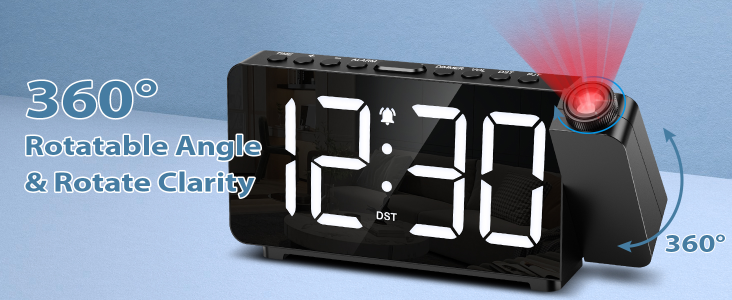 Projection Alarm Clocks for Bedrooms, Large LED Display Digital Clock with 180° Rotatable Projector