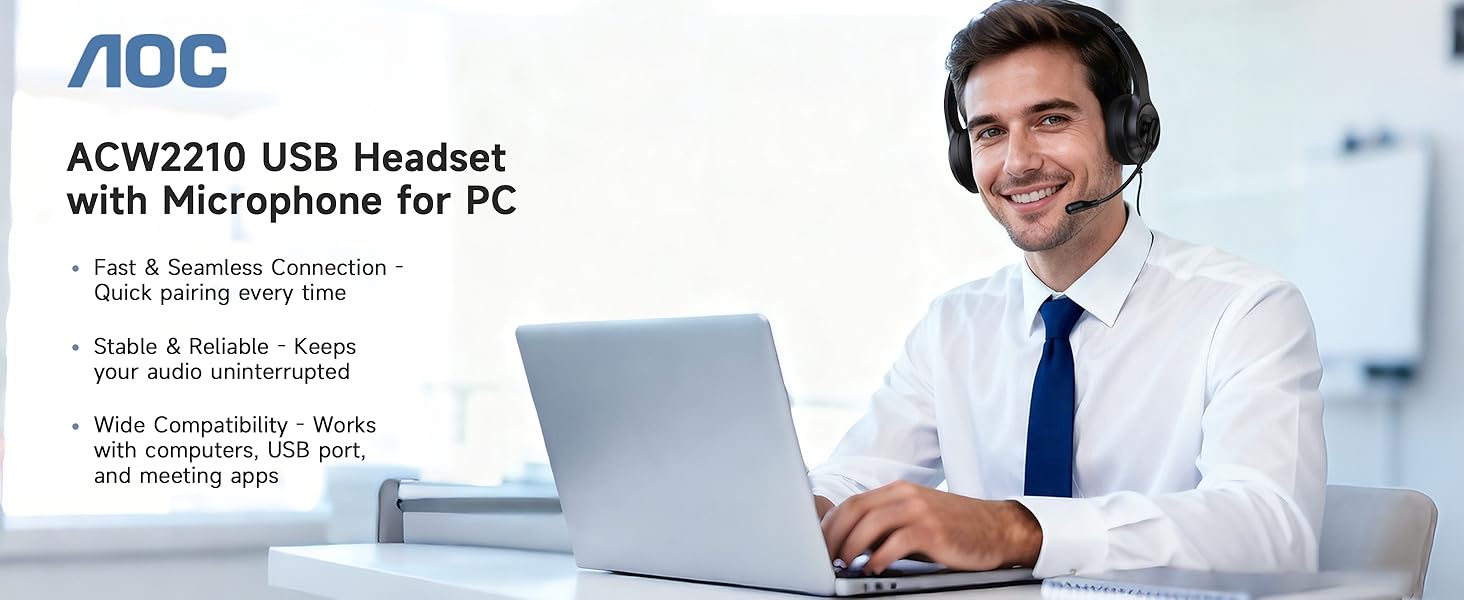 Computer Headset with Microphone for PC, USB Headset with Noise Cancelling Mic Black