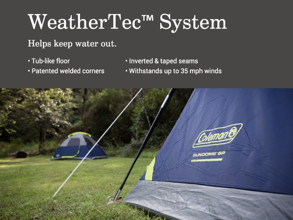 coleman tent weather weathertec system water rain protect wind safe clean dry grass blue sundome