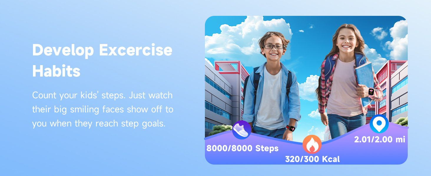 Exercise tracking interface showing step count and calorie metrics against blue sky background, with colorful goal progress indicators.