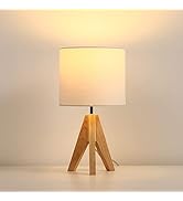 DEWENWILS Bedside Table Lamp, Wood Tripod Nightstand Lamp with Linen Fabric Shade, Small Bedroom ...