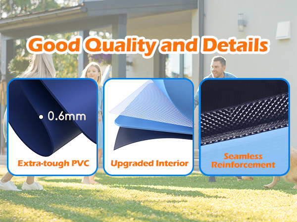 Product features display showing 0.6mm extra-tough PVC, upgraded interior, and seamless reinforcement. Orange text highlights 'Good Quality and Details'.