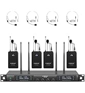 Phenyx Pro 4-Channel Wireless Microphone System, UHF Auto Scan Cordless Mic Set, 4 Bodypacks w/He...