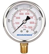 MEASUREMAN 2-1/2inch Dial Size, Liquid Filled Pressure Gauge, 0-1000psi/7000kpa, 304 Stainless St...
