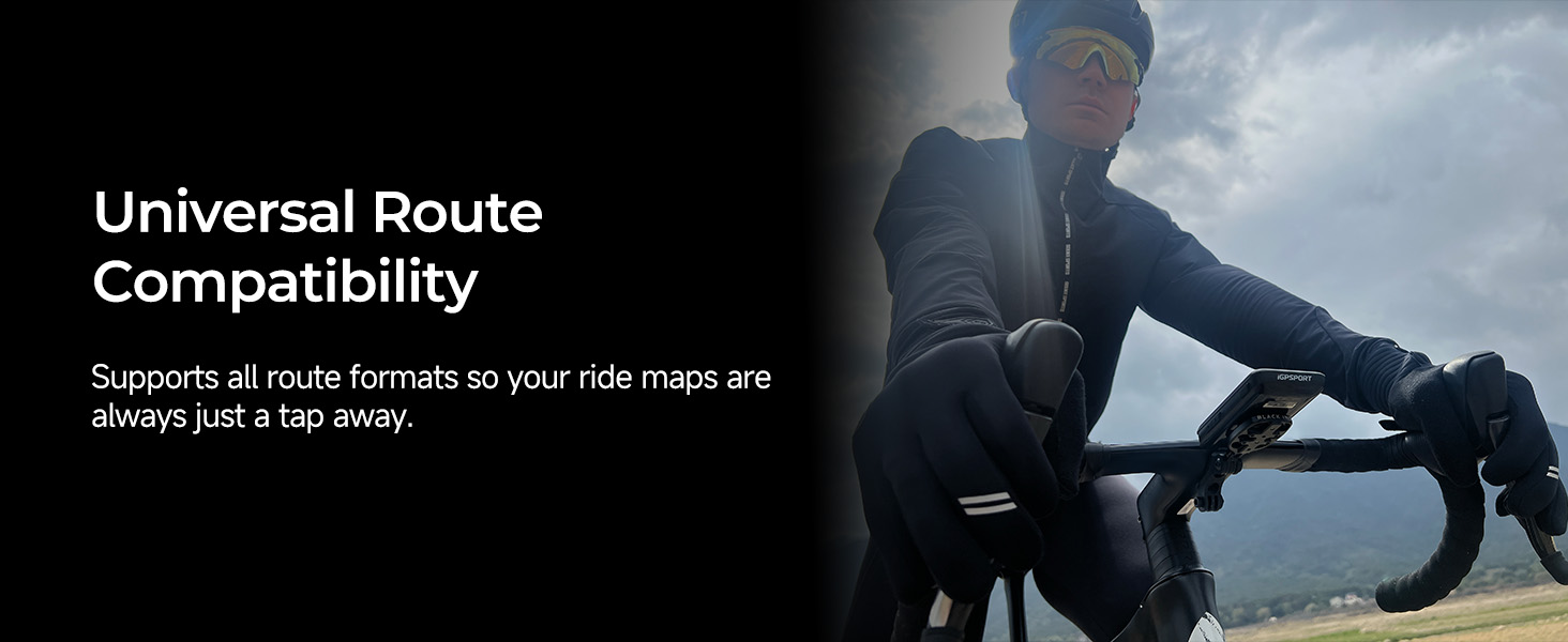 Cyclist riding a bike with curved handlebars against cloudy sky. Text reads 'Universal Route Compatibility' and mentions support for all route formats.
