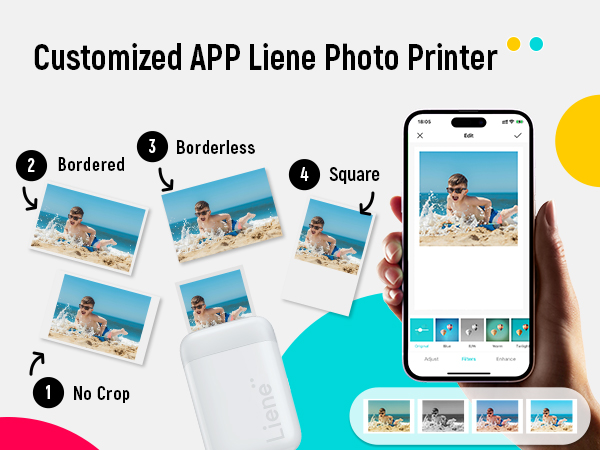 Mobile photo printer app interface showing different print format options: No Crop, Bordered, Borderless, and Square, with smartphone display demonstration.