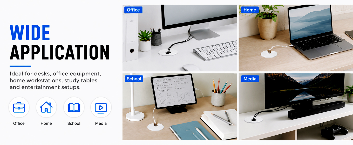 White cable grommets used for office home school and media setups