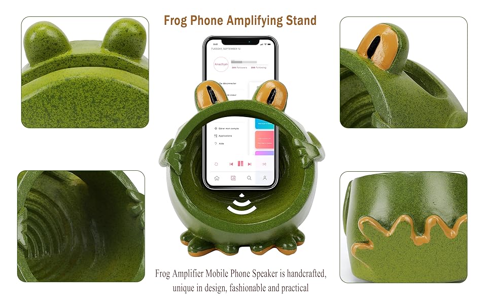 Detailed pictures of the frog amplified mobile phone speaker stand (front, back, side)