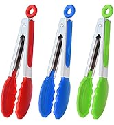 HINMAY Mini Tongs with Silicone Tips 7-Inch Serving Tongs, Set of 3 (Red Blue Green)