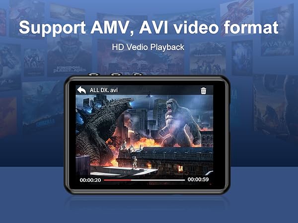 Portable media player displaying a movie scene. Device supports AMV and AVI video formats with HD video playback. Screen shows timeline and video duration.