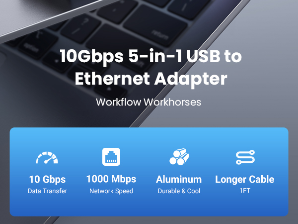 UGREEN USB to Ethernet Adapter, 10Gbps 5 in 1 USB Hub Ethernet with 2* USB-C 3.2, USB-A 3.2/2.0