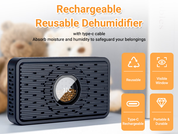 Rechargeable Reusable Desiccant Dehumidifier for Storage with USB-C Cable