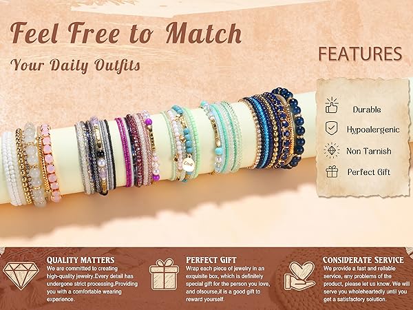 Bohemian Stackable Bead Bracelets for Women Stretch Bohemian Style Multilayered Boho Bracelet