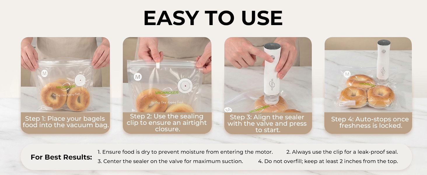 Easy 4-step guide to use compact vacuum sealer.