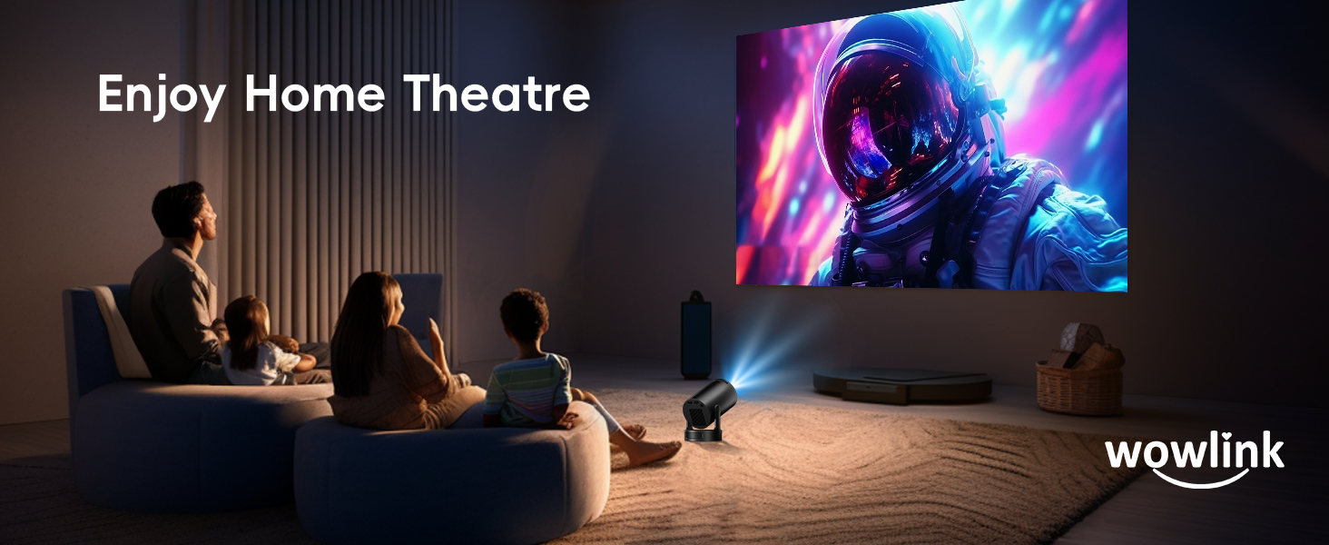 Family watching a large projected screen in a home theater setup with colorful space-themed imagery. Blue couch, wood flooring, and ambient lighting create a cozy atmosphere.