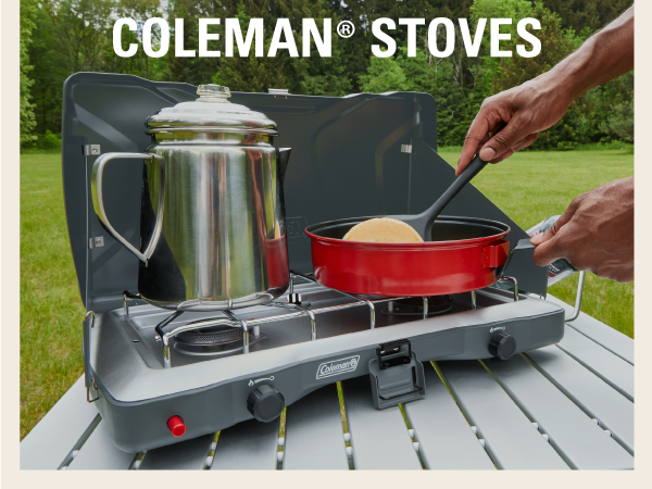 coleman stoves yard grass field tea kettle pancake breakfast camping tailgate party family cooking
