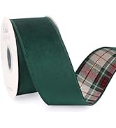 Ribbli Forest Green Velvet Wired Ribbon with Plaid Reversible 2.5 Inch Christmas Ribbon for Gift ...