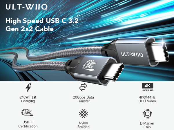 USB C Cable 3.2 gen 2x2 high speed 20gbps data transfer 4k usb type-c video display monitor cable
