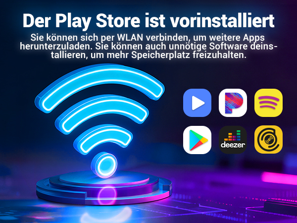 Text reads 'Der Play Store ist vorinstalliert'. App marketplace interface showing streaming service icons and blue-purple gradient background with connectivity symbols.