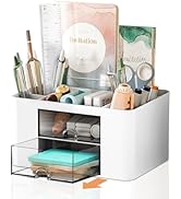 White desktop organizer with multiple compartments displaying makeup, skincare products, and beauty tools arranged neatly in vertical and horizontal sections.