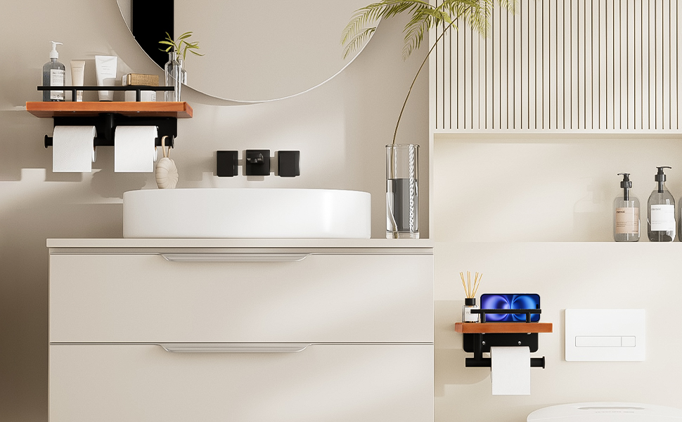 Toilet Paper Holder with Wood Shelf