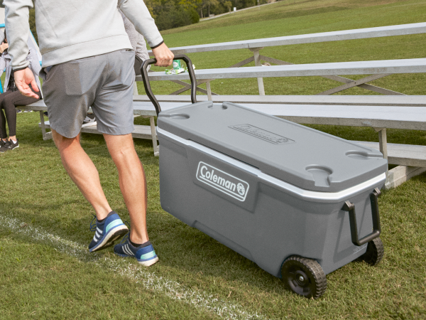 wheeled hard cooler gray white soccer game sports tailgate snacks drinks best large dad mom easy