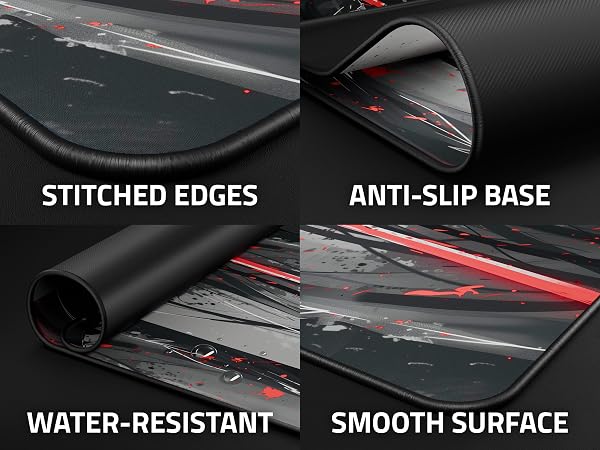 Text reads 'STITCHED EDGES', 'ANTI-SLIP BASE', 'WATER-RESISTANT', 'SMOOTH SURFACE'. Mat features red striped pattern, showing construction details and performance features.