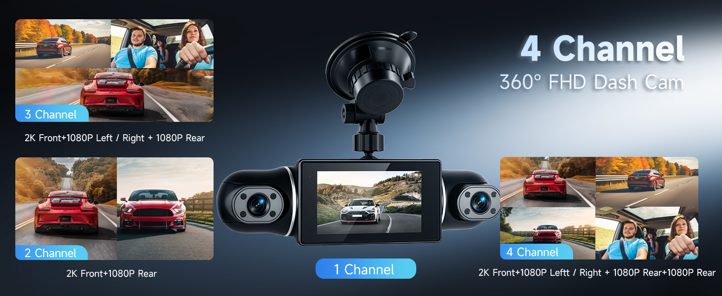 2K 360 Degree View 4 Channel Dash Cam Front and Rear